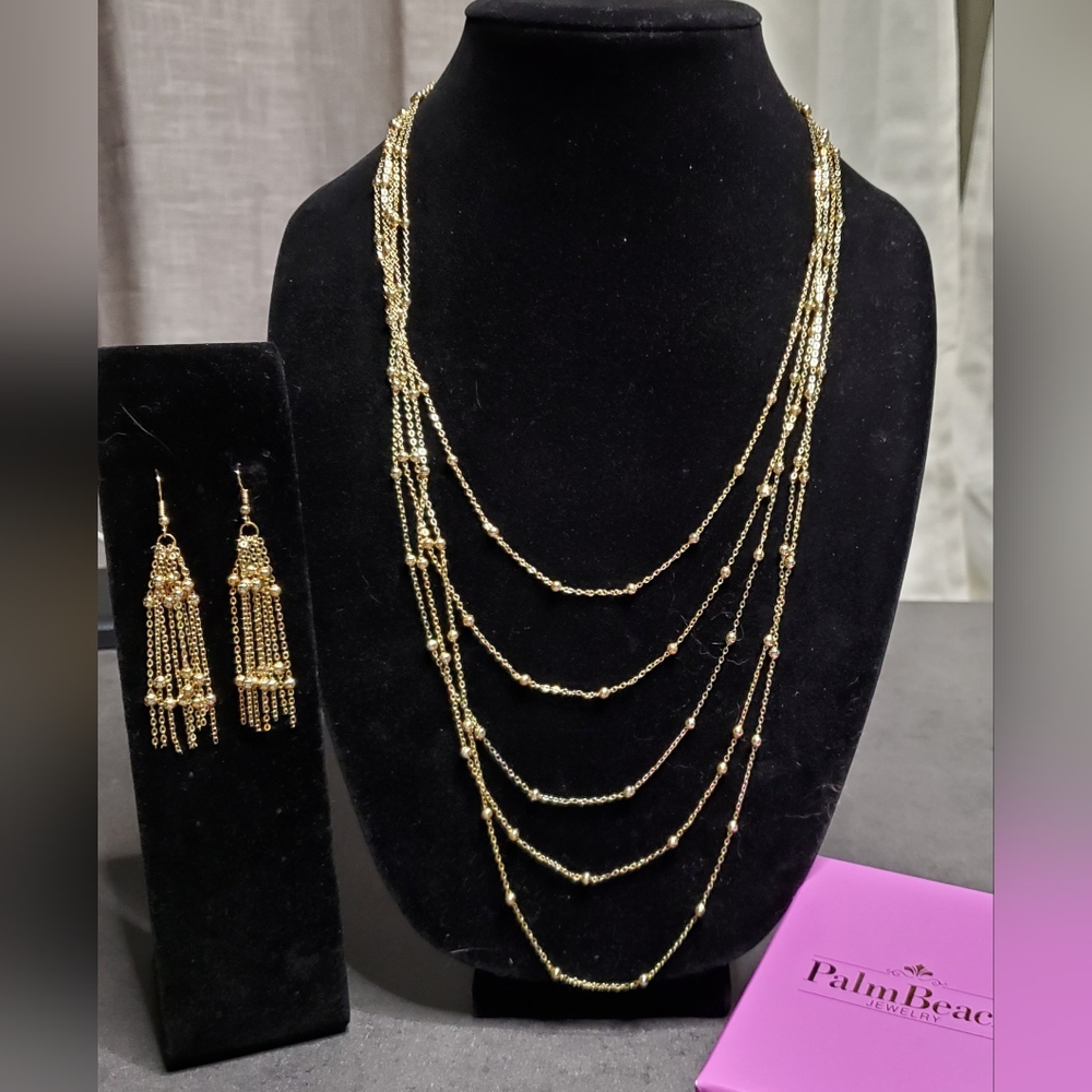 Palm Beach Jewelry Gold Tone Mulit-Chain Waterfall Necklace & Drop Earring Set